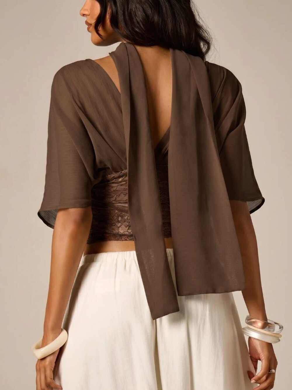 Brown Elegant Women's Deep V-Neck Lace Crop Top With Chiffon Drape Sleeves - Picture 2 of 6